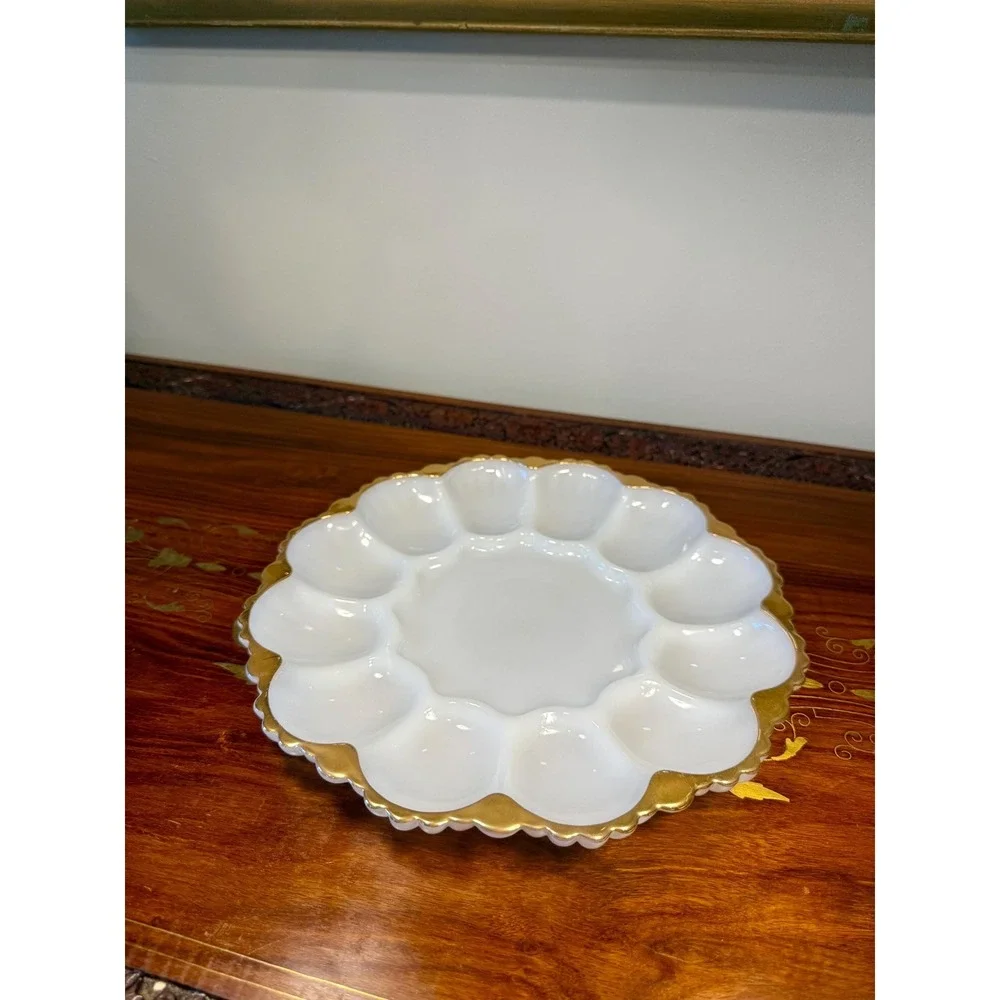 Vintage Milk Glass‎ Deviled Egg Platter • Scalloped Gold Trim Serving Tray